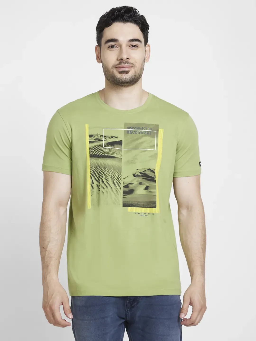 Spykar Men Dusty Pista Green Cotton Slim Fit Printed Round Neck Tshirt