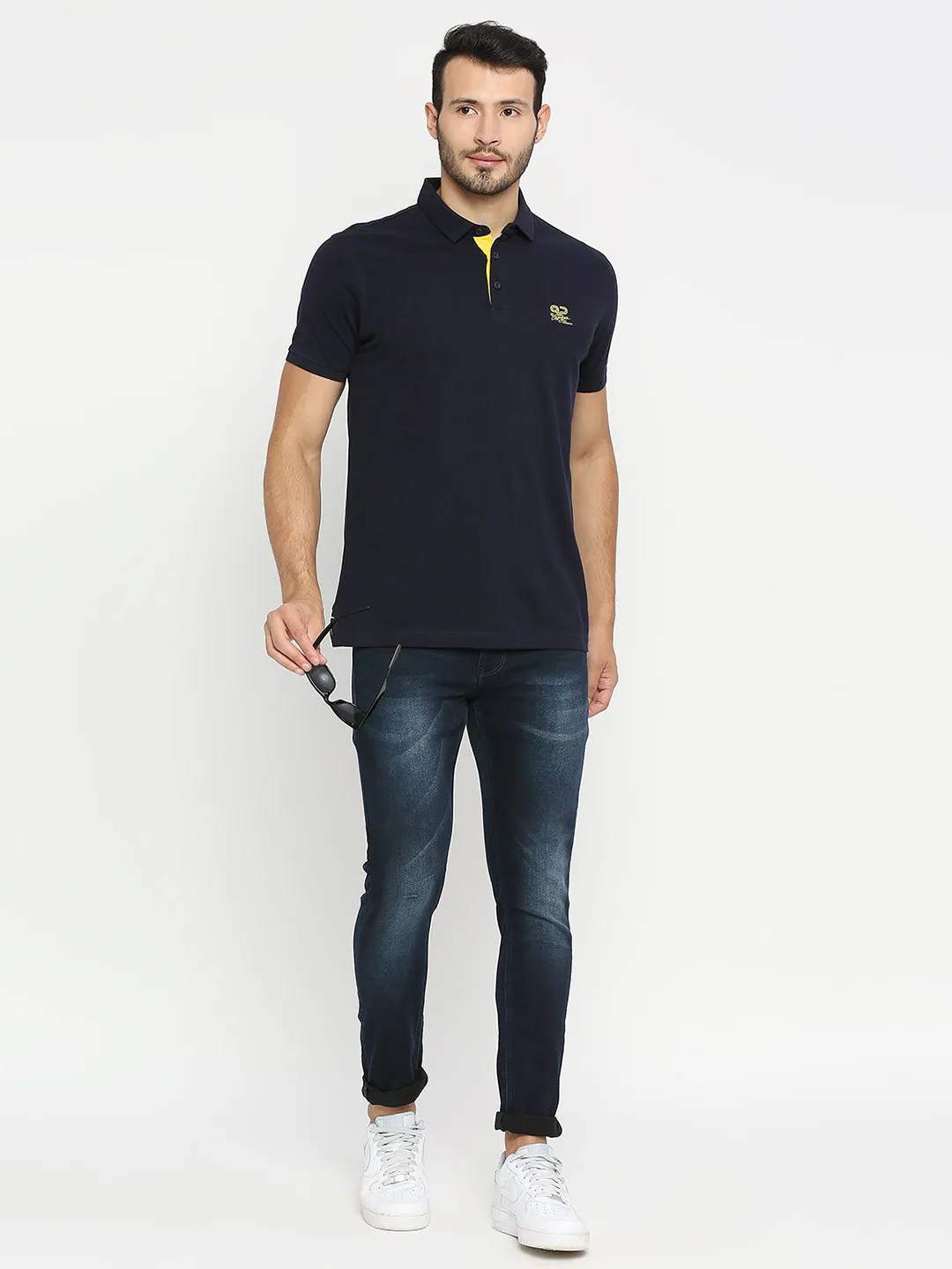 Spykar Men Navy Blue Cotton Half Sleeve Plain Polo T-Shirt