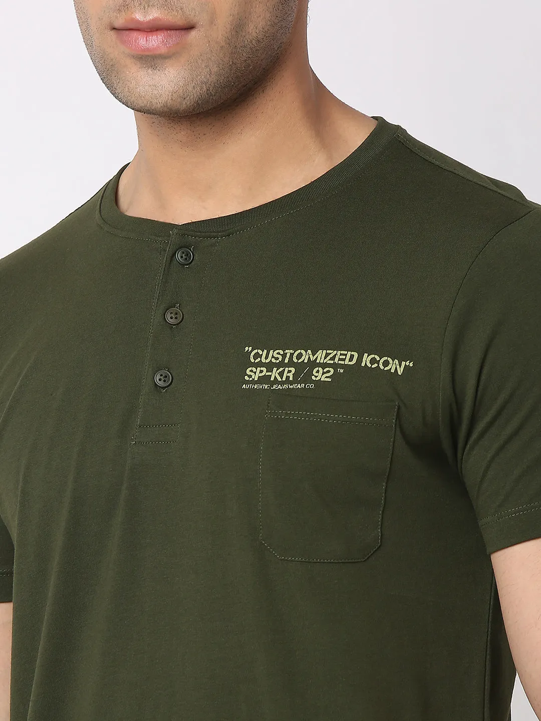 Spykar Men Rifle Green Cotton Slim Fit Henley Neck Plain T-Shirt