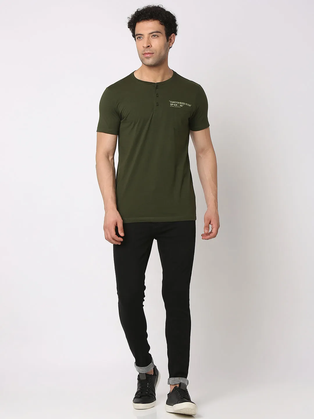 Spykar Men Rifle Green Cotton Slim Fit Henley Neck Plain T-Shirt