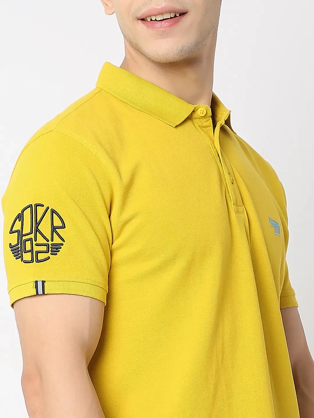 Spykar Men Sulphur Yellow Cotton Regular Fit Plain Polo Tshirt