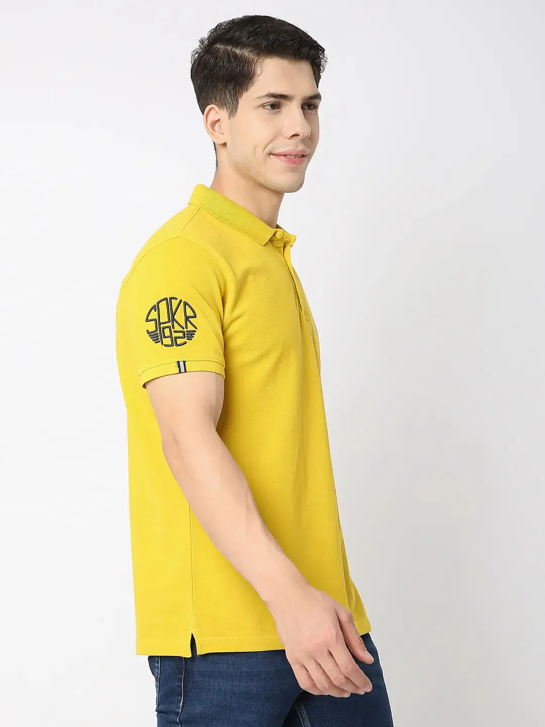 Spykar Men Sulphur Yellow Cotton Regular Fit Plain Polo Tshirt