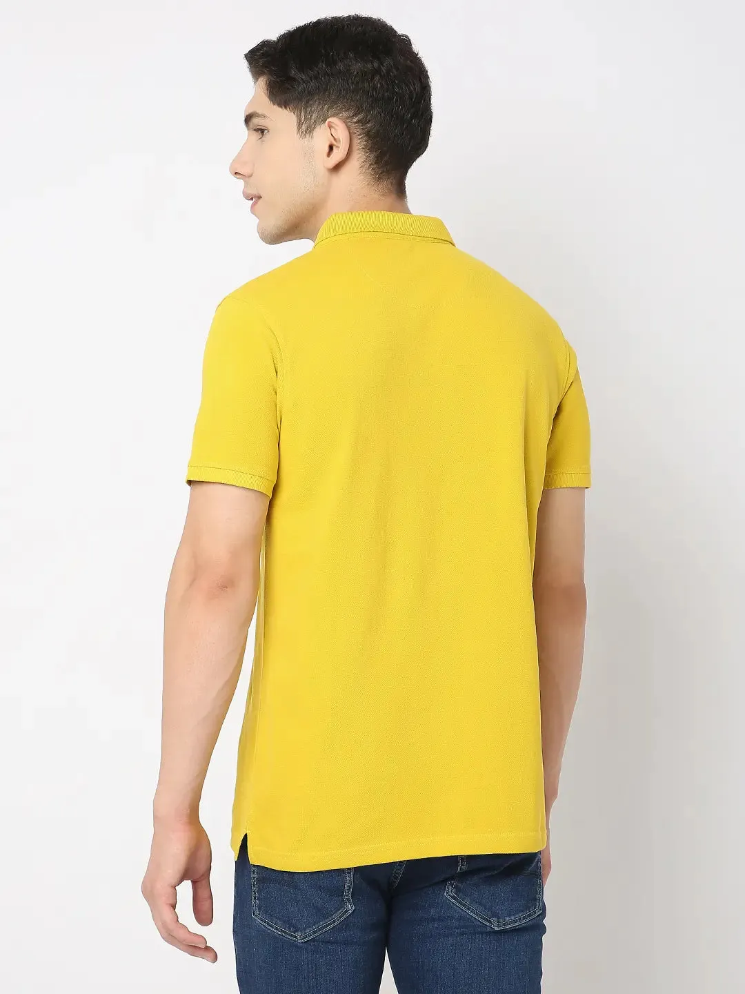 Spykar Men Sulphur Yellow Cotton Regular Fit Plain Polo Tshirt