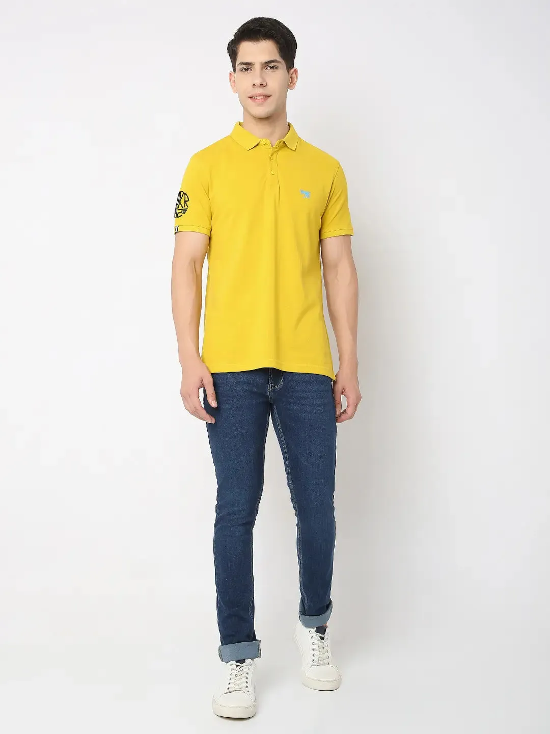 Spykar Men Sulphur Yellow Cotton Regular Fit Plain Polo Tshirt