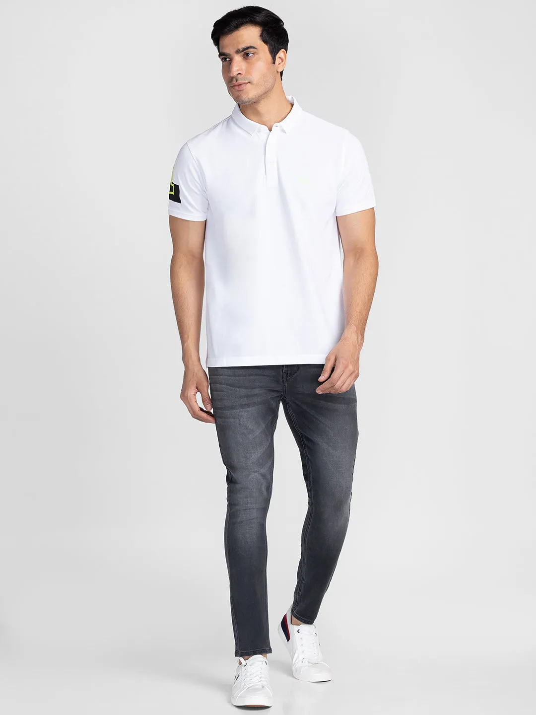 Spykar Men White Cotton Slim Fit Polo Plain T-Shirt