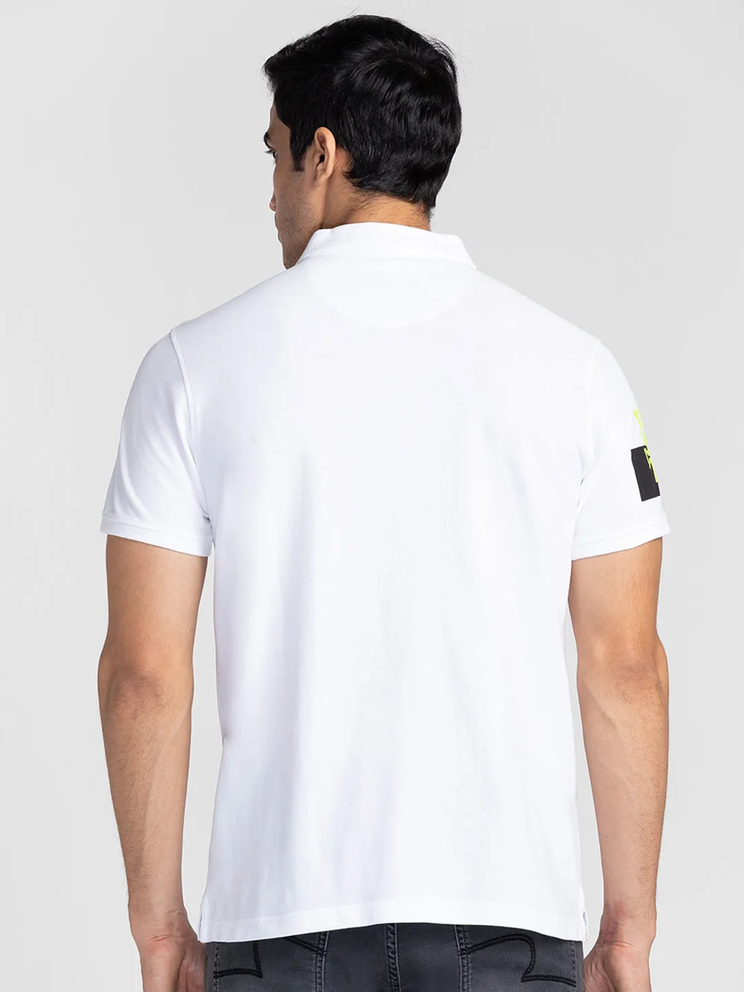 Spykar Men White Cotton Slim Fit Polo Plain T-Shirt