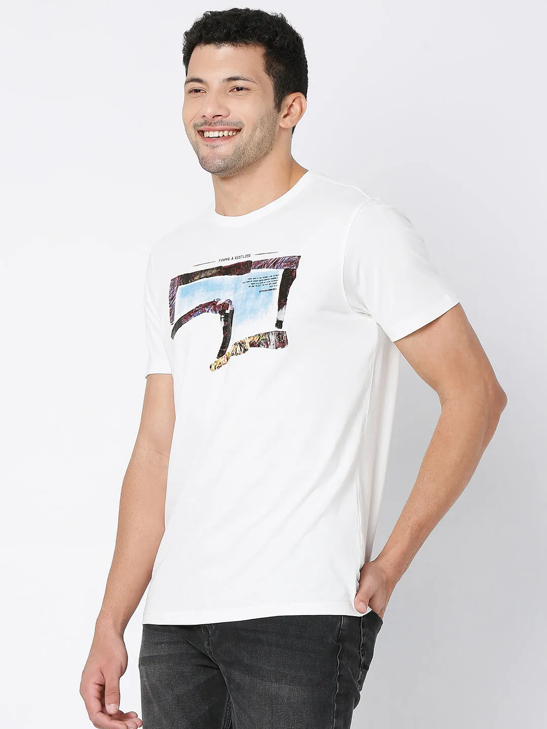 Spykar Off White Cotton Half Sleeve Printed Casual T-Shirt For Men