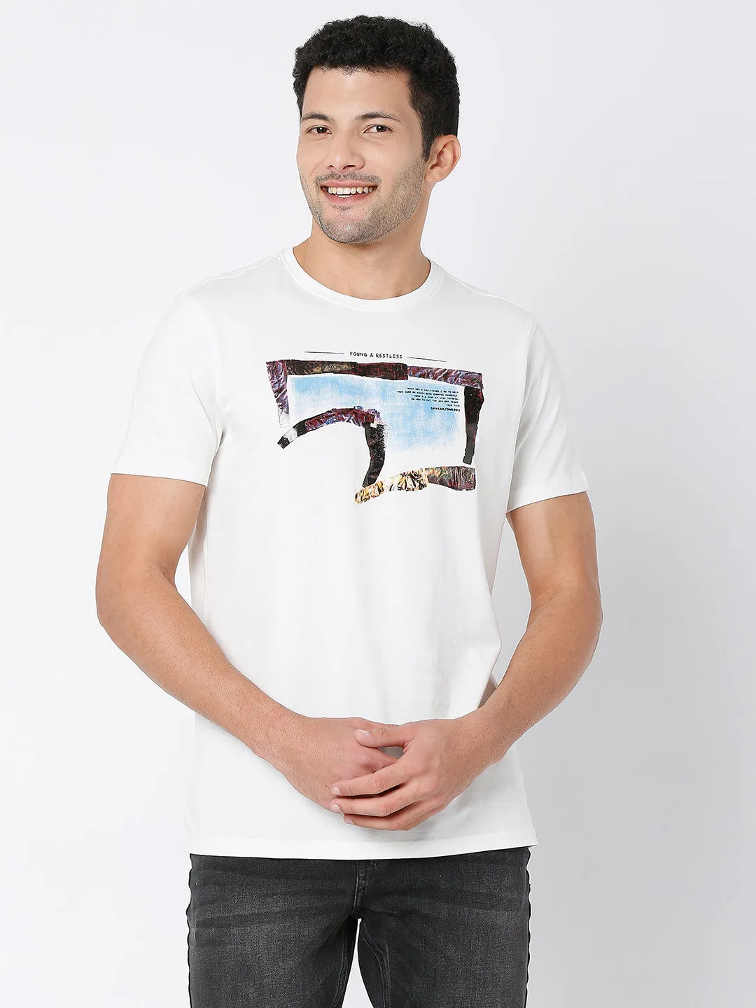 Spykar Off White Cotton Half Sleeve Printed Casual T-Shirt For Men