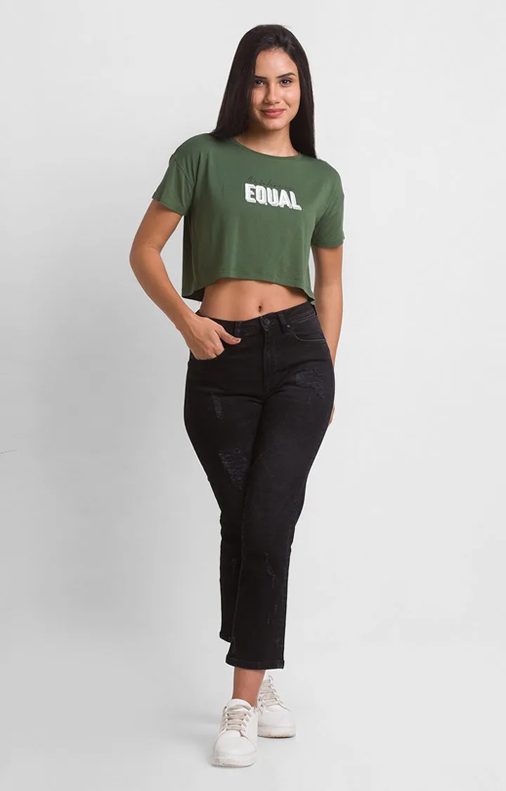 Spykar Olive Green Cotton Blend Half Sleeve Crop Top For Women