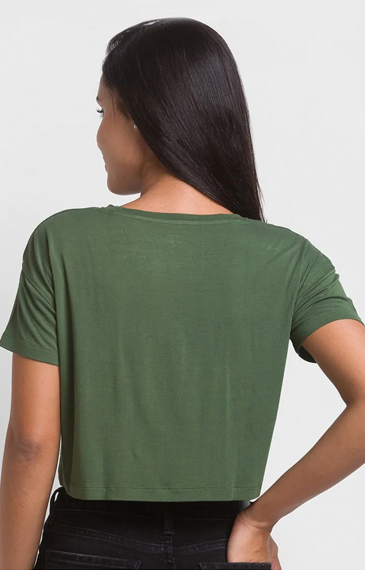 Spykar Olive Green Cotton Blend Half Sleeve Crop Top For Women