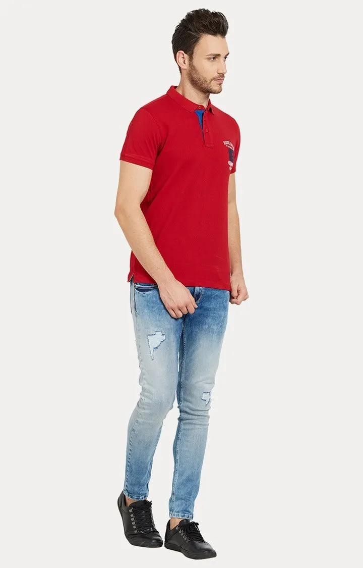 Spykar Red Solid Slim Fit Polo T-Shirt