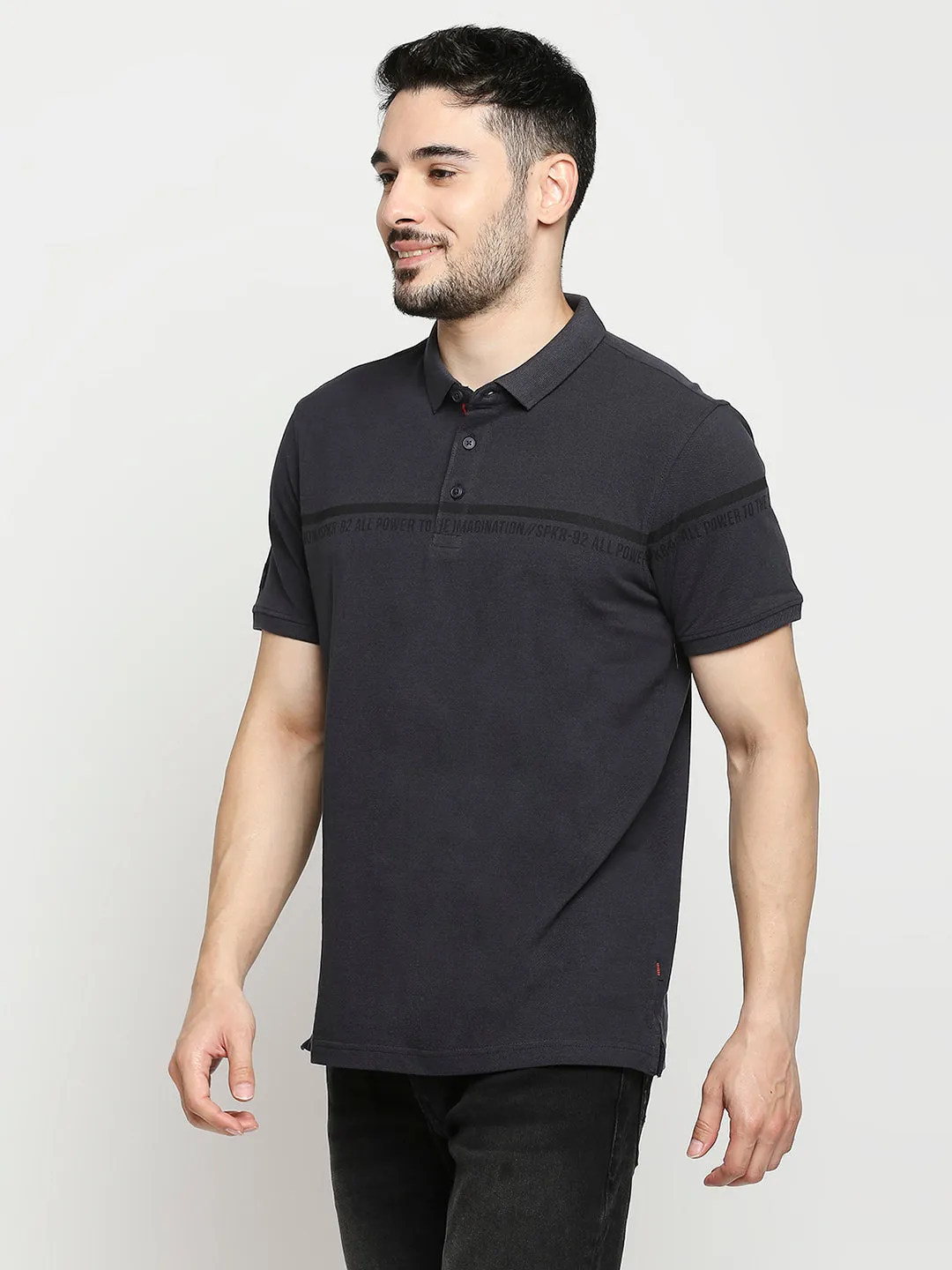 Spykar Slate Grey Cotton Half Sleeve Printed Polo T-Shirts For Men