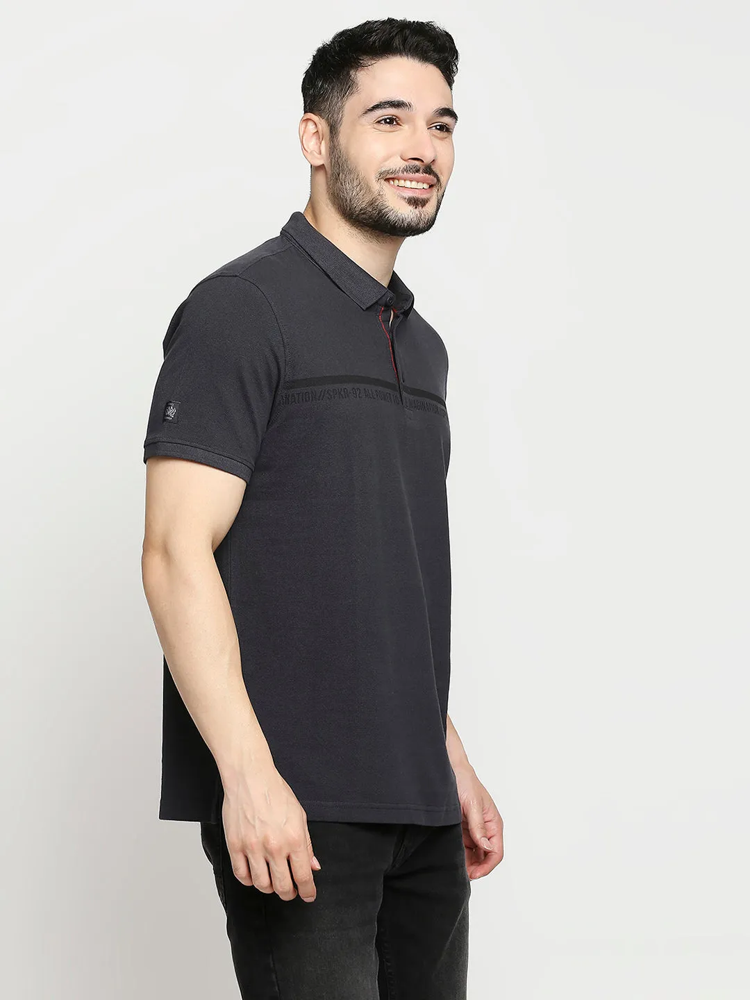 Spykar Slate Grey Cotton Half Sleeve Printed Polo T-Shirts For Men