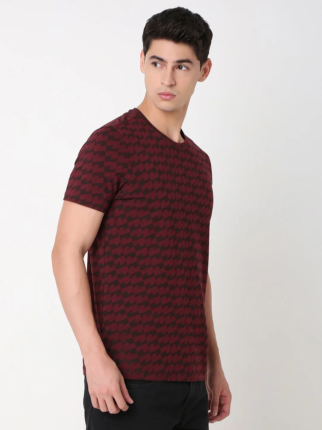 Spykar Slim Fit Printed Round Neck Red T-Shirt For Men