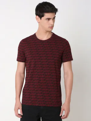 Spykar Slim Fit Printed Round Neck Red T-Shirt For Men