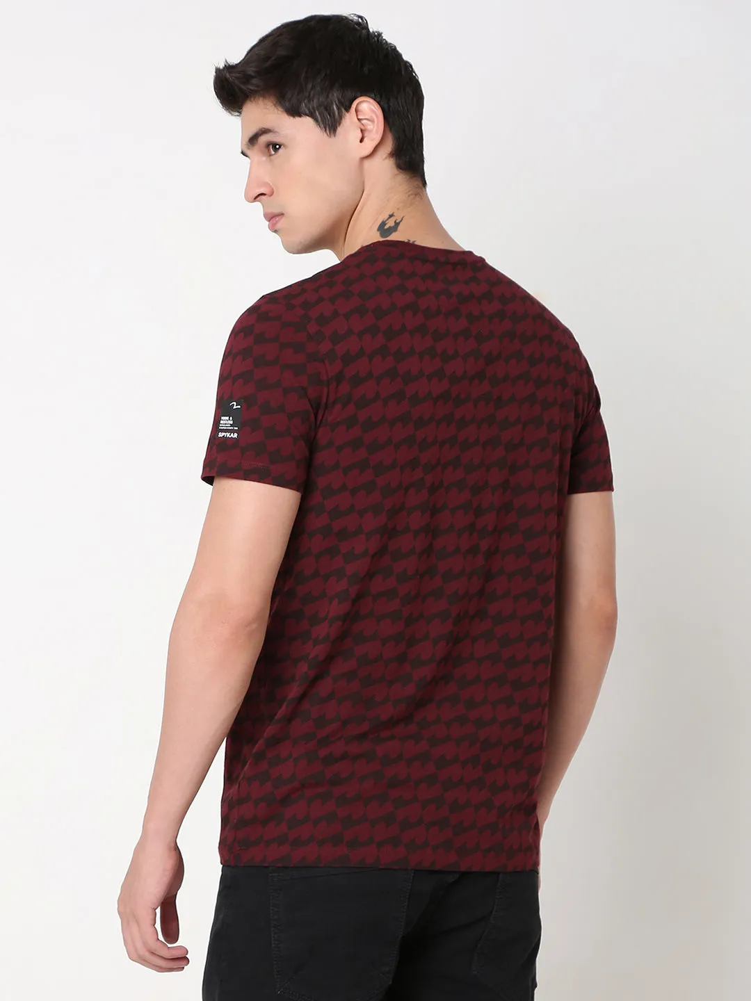 Spykar Slim Fit Printed Round Neck Red T-Shirt For Men