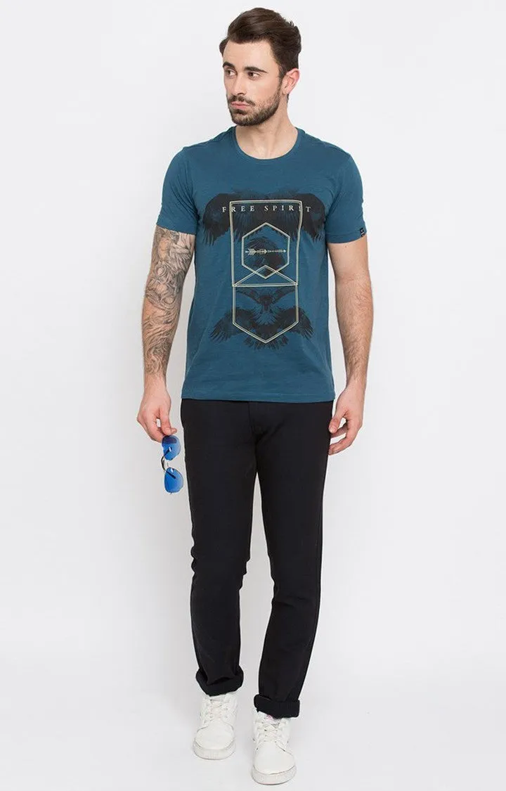 Spykar Teal Blue Printed Slim Fit Men T-Shirts