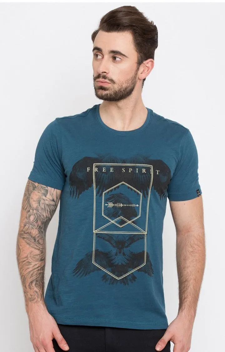 Spykar Teal Blue Printed Slim Fit Men T-Shirts