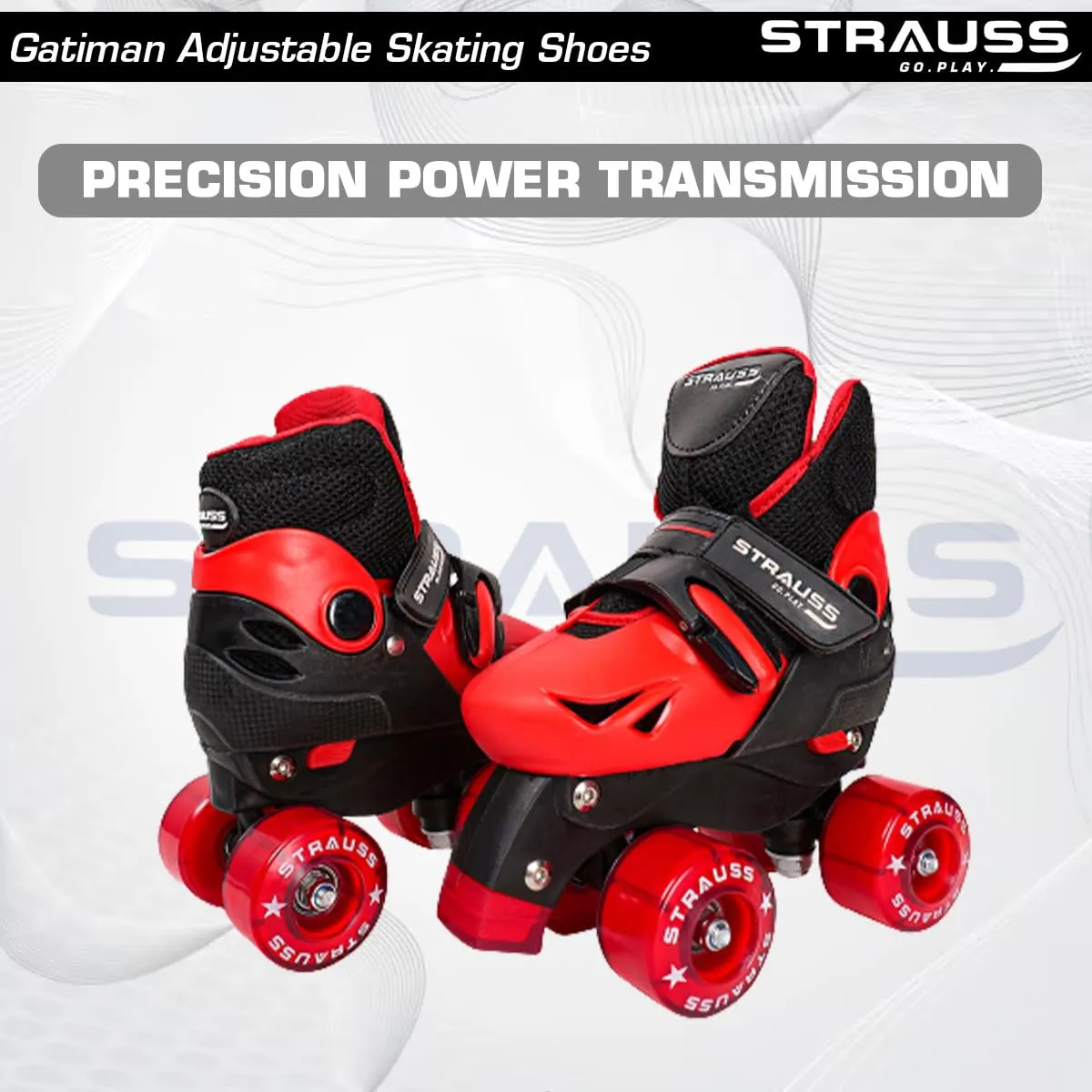 STRAUSS Gatiman Adjustable Skating Shoes | Latest Designed Roller Skates with Break | Ideal for Boys and Girls | Adjustable 4 Wheels Skating Shoe | Size: Junior (Black/Red)