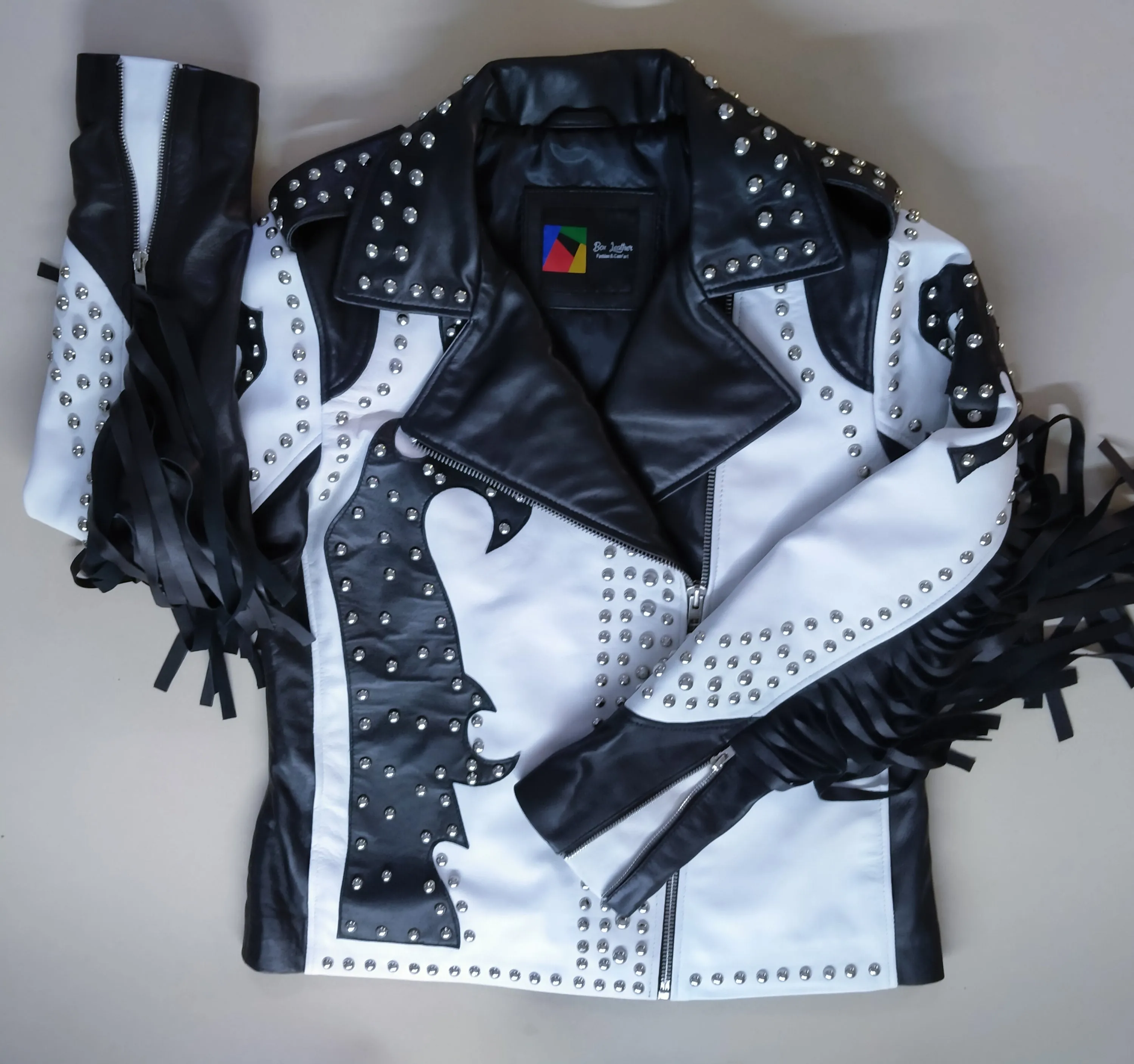 Studded Black & White Fringe Leather Jacket