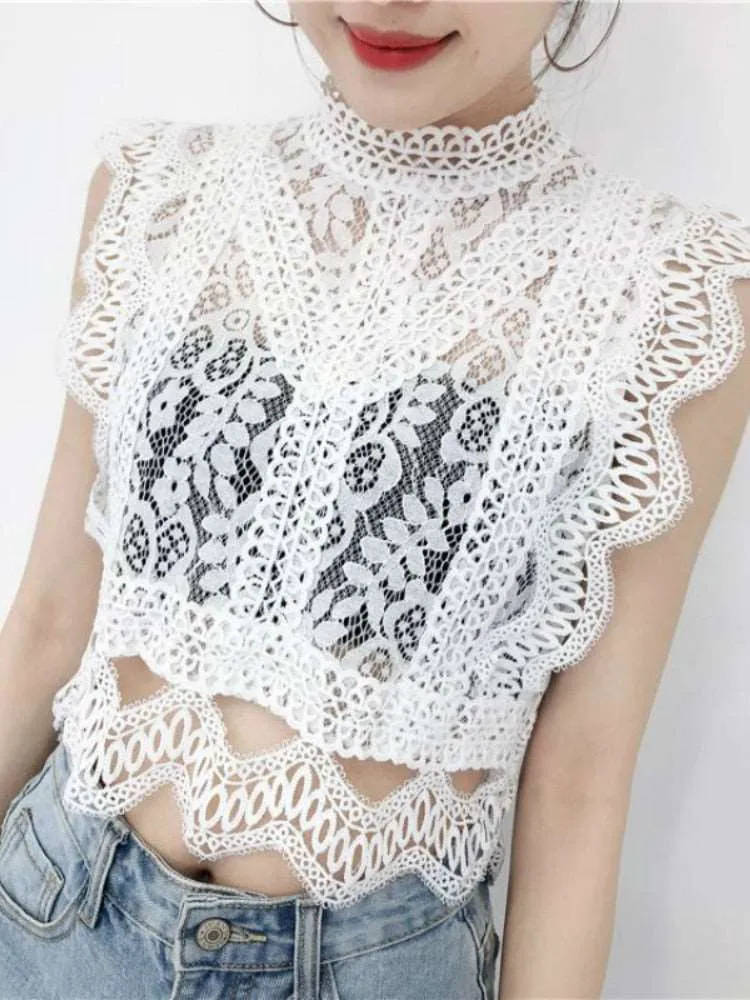 Summer Lace Hollow Out Crop Tops Women Fashion Short Lacework Pullover Tank Vest Ladies Slim Elegant Outside Tank Tops