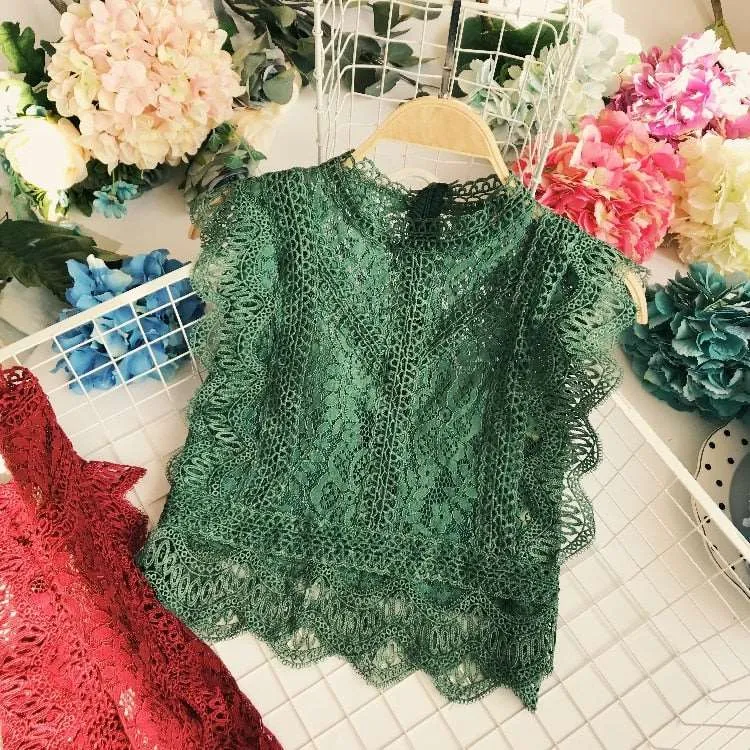 Summer Lace Hollow Out Crop Tops Women Fashion Short Lacework Pullover Tank Vest Ladies Slim Elegant Outside Tank Tops