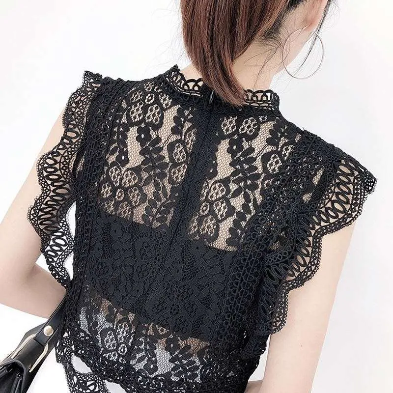 Summer Lace Hollow Out Crop Tops Women Fashion Short Lacework Pullover Tank Vest Ladies Slim Elegant Outside Tank Tops