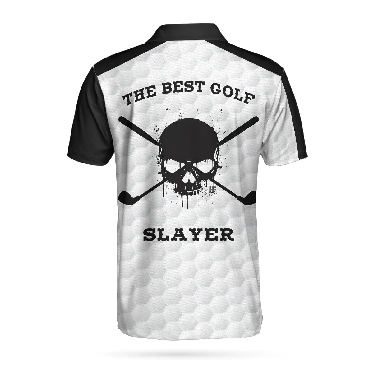 The Best Golf Slayer Wet Ink Skull Polo Shirt, Black Shoulder White Golf Pattern Polo Shirt, Best Golf Shirt For Men Coolspod