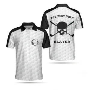 The Best Golf Slayer Wet Ink Skull Polo Shirt, Black Shoulder White Golf Pattern Polo Shirt, Best Golf Shirt For Men Coolspod