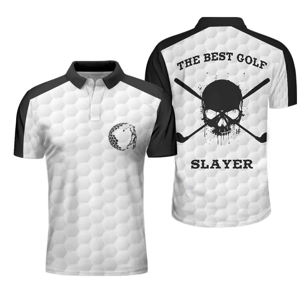 The Best Golf Slayer Wet Ink Skull Polo Shirt, Black Shoulder White Golf Pattern Polo Shirt, Best Golf Shirt For Men Coolspod