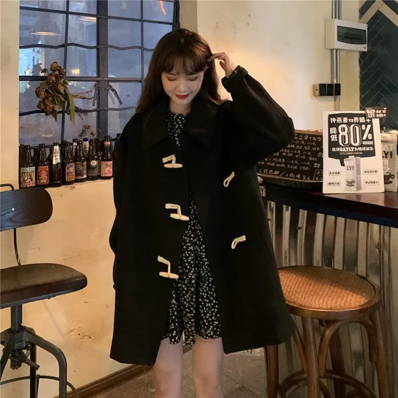 Thigh-Length Loose Fit Horn Toggle Wool Duffle Coat