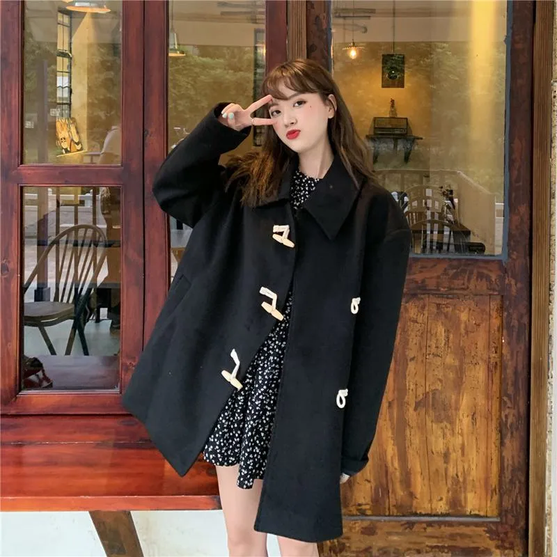 Thigh-Length Loose Fit Horn Toggle Wool Duffle Coat