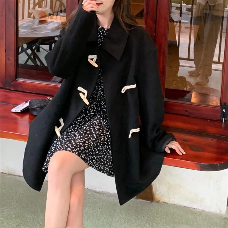 Thigh-Length Loose Fit Horn Toggle Wool Duffle Coat