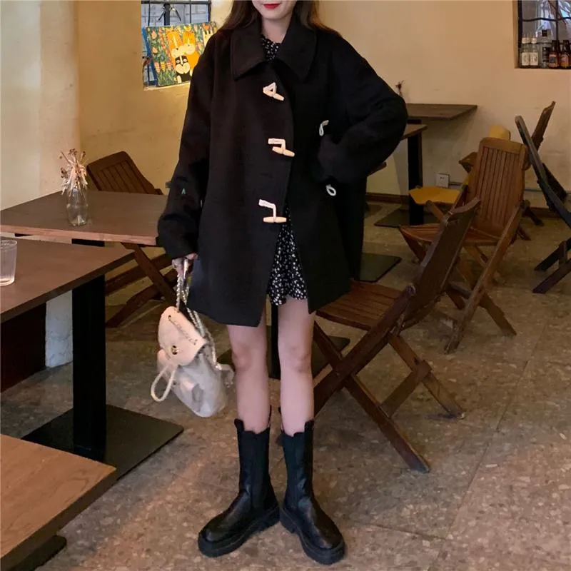 Thigh-Length Loose Fit Horn Toggle Wool Duffle Coat