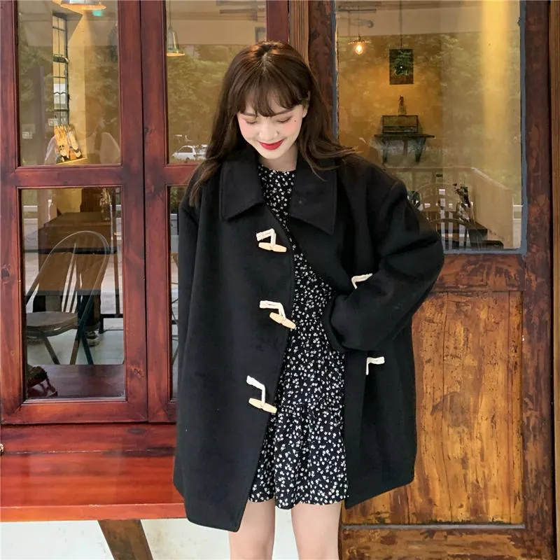 Thigh-Length Loose Fit Horn Toggle Wool Duffle Coat