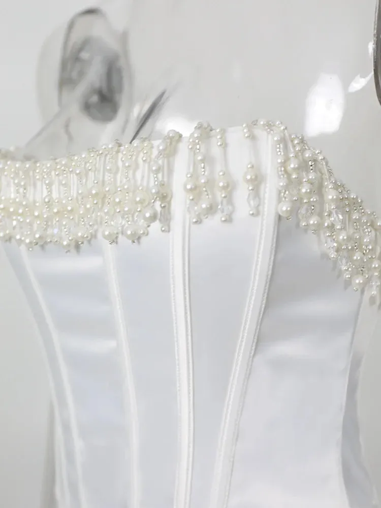 Toleet-Luxury Strapless Women Cropped Top White Embellished Pearls and Beads Corset Tops Sexy Party Cocktail Clothing