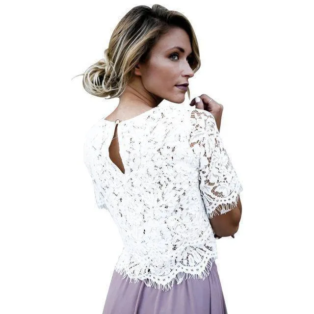 White Floral Lace Hollow Out Crochet Top (US 9 - 14)