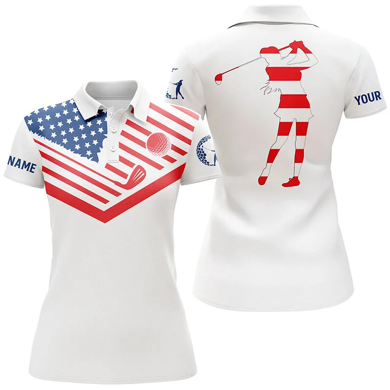 Women Golf Polo Shirt American Flag 4th July Patriot Custom Name White Golf Shirt, Flag Polo Shirt