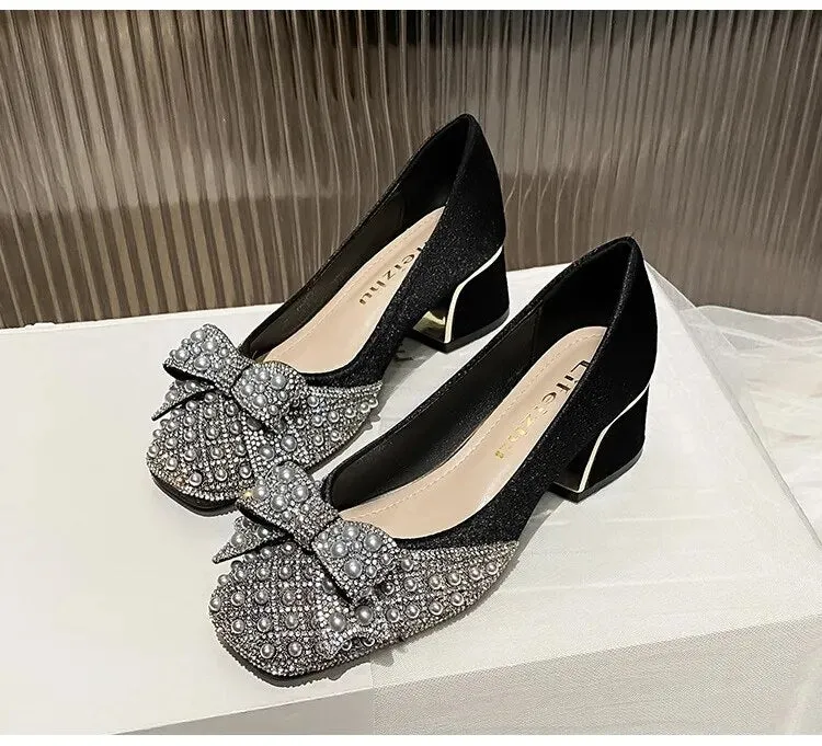 Women Pumps Med Heel Square Toe Bowknot Decoration Wedding Party Shoes - WSHP50095