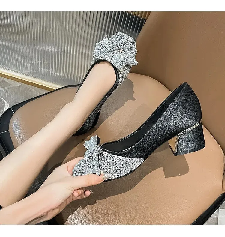 Women Pumps Med Heel Square Toe Bowknot Decoration Wedding Party Shoes - WSHP50095