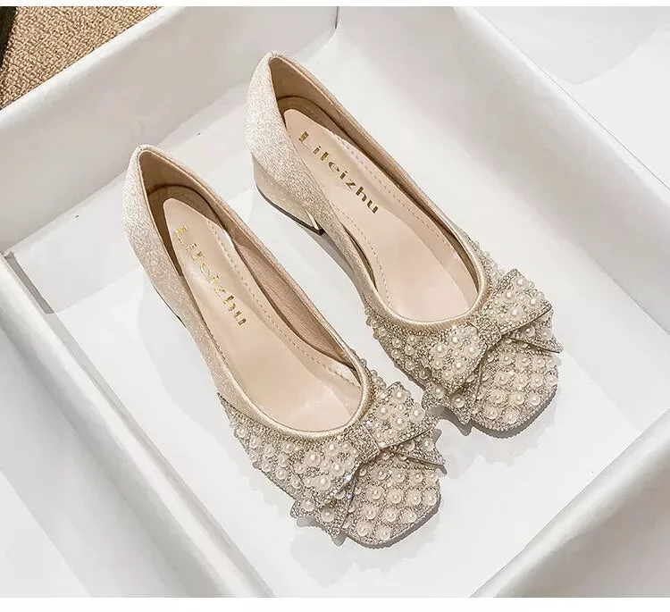 Women Pumps Med Heel Square Toe Bowknot Decoration Wedding Party Shoes - WSHP50095