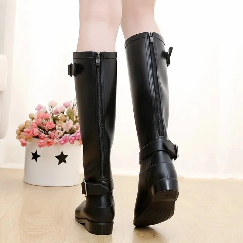 Women Rainboots Waterproof Flat Black Water Fashion Zip Rain Boots High Zip Non-slip Shoes - WRB50132