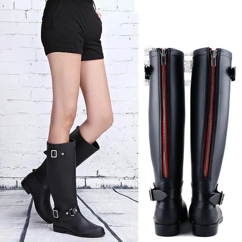 Women Rainboots Waterproof Flat Black Water Fashion Zip Rain Boots High Zip Non-slip Shoes - WRB50132