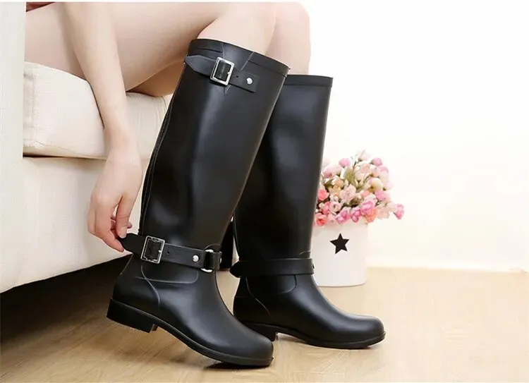 Women Rainboots Waterproof Flat Black Water Fashion Zip Rain Boots High Zip Non-slip Shoes - WRB50132