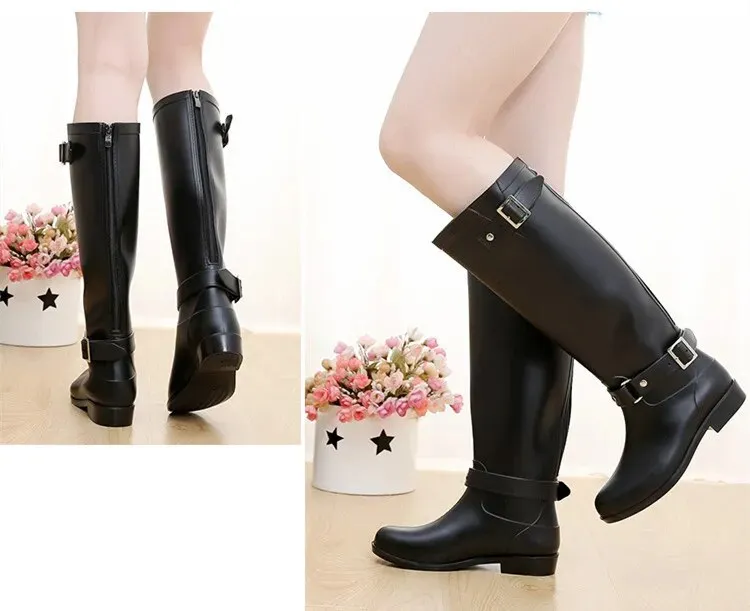 Women Rainboots Waterproof Flat Black Water Fashion Zip Rain Boots High Zip Non-slip Shoes - WRB50132