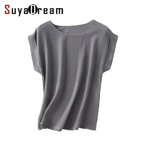 Women Real Silk T Shirt Short Bat sleeved Solid chiffon loose shirt 100% Natural silk Basic Top Plus size 2017 Free ship