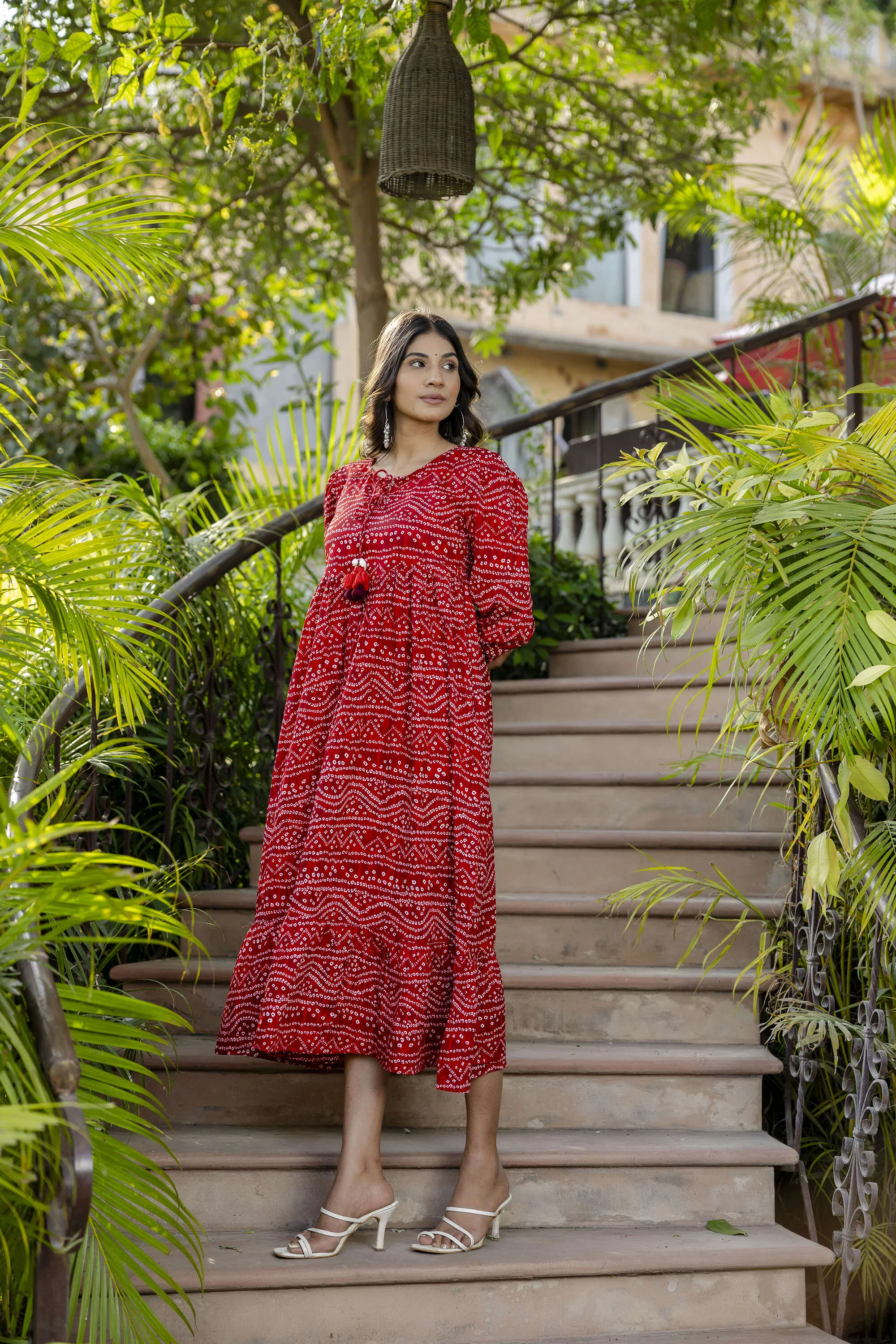 Women Red Bandhani Printed Flared Dress