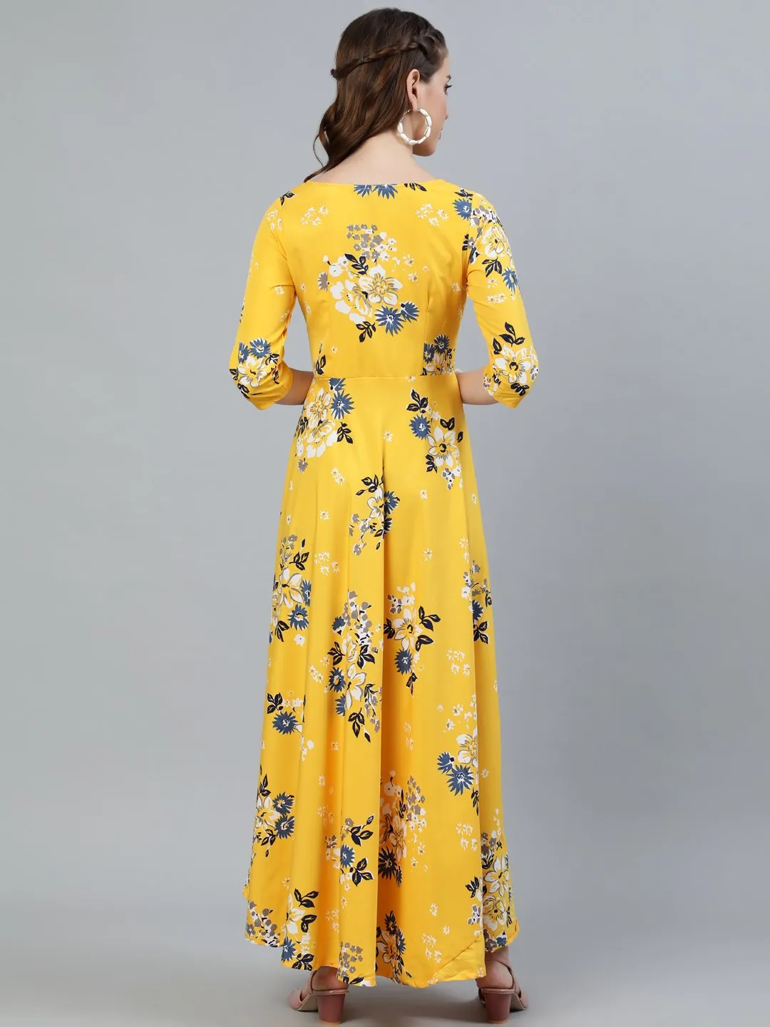 Women Yellow Printed Maxi Dress With Three Quarter Sleeves