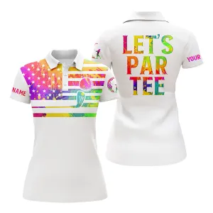 Womens Golf Polo Shirts Watercolor American Flag Custom Name Let’s Par Tee White Golf Shirt