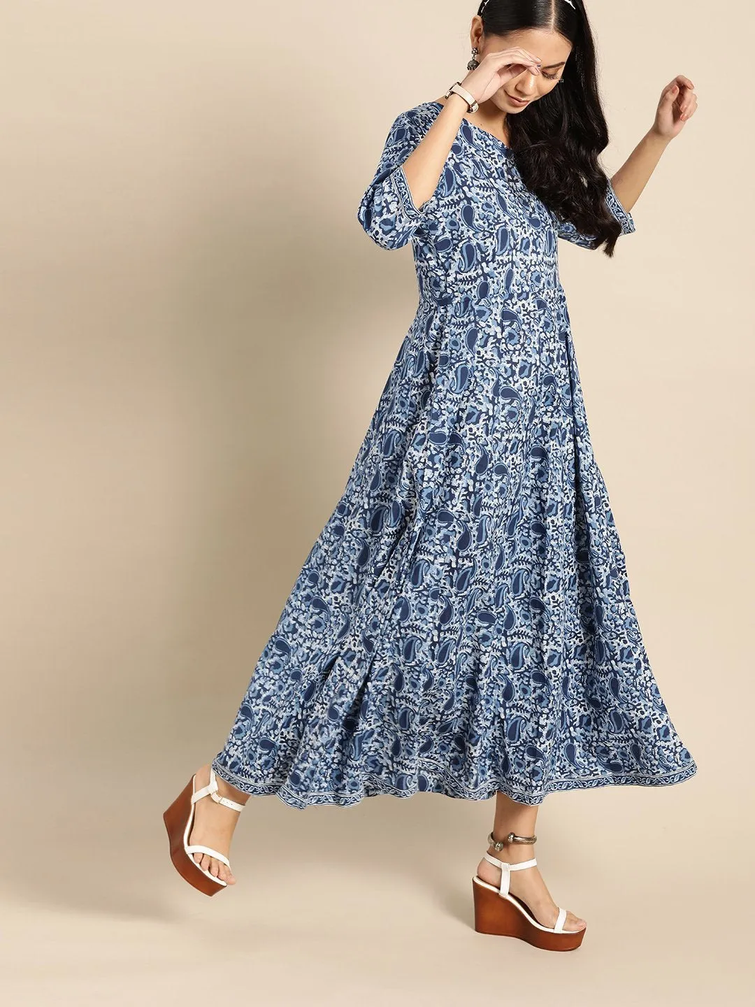 Womens Indigo Floral Printed Flared Round Neck Dress With Three Quarters Sleeves  & Dupatta